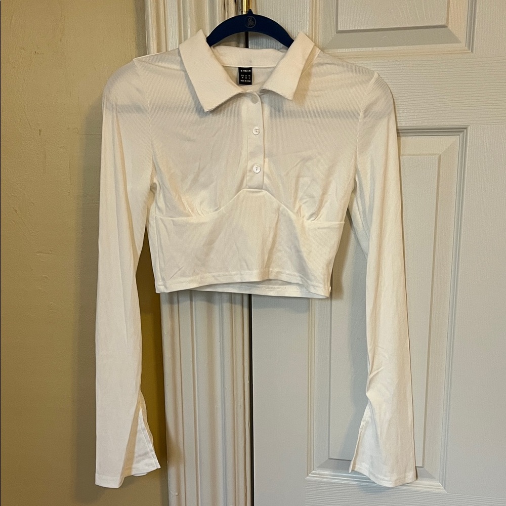 White Long Sleeve Collared Crop Top